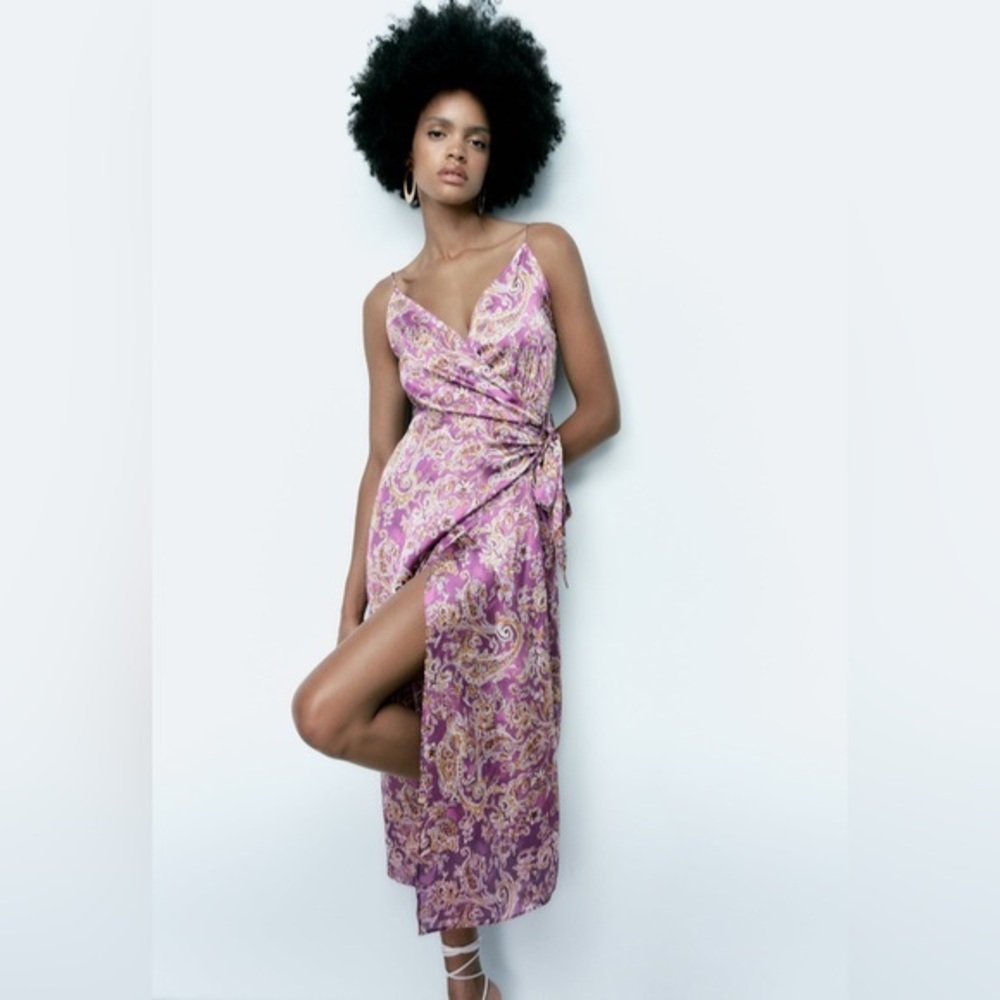 Brand New Zara Lavender Paisley Satin Effect Print Dress Size XS S Ref 8449/187